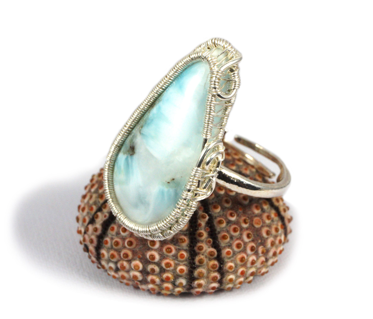 Larimar, Srebrny regulowany pierścionek z larimarem niebieskim regulowany, prezent dla niej prezent dla mamy, prezent dla kobiety handmade pomysł na prezent